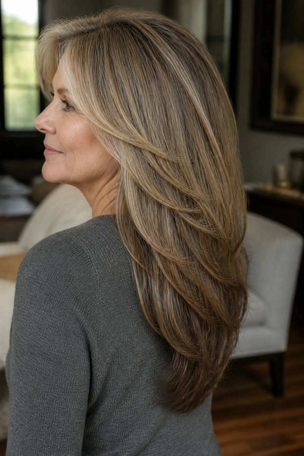 Close-up profile of a woman with thick hair and V-cut layers at the back.