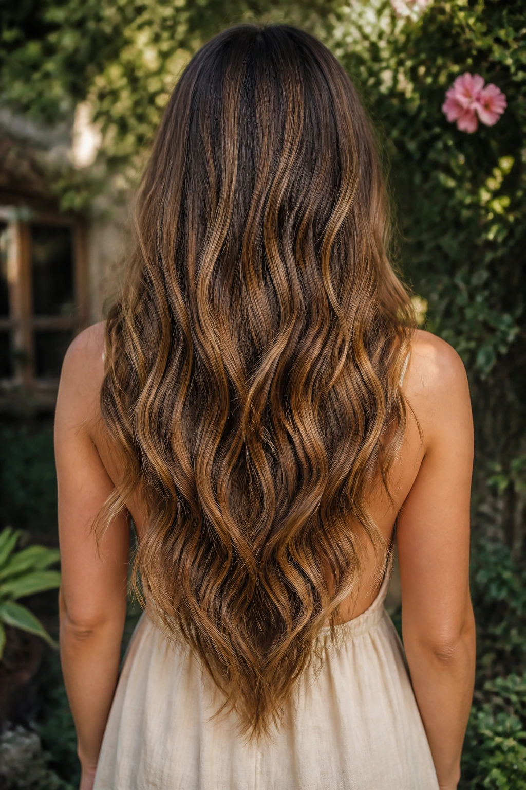 Back view of long wavy hair with a subtle V-cut