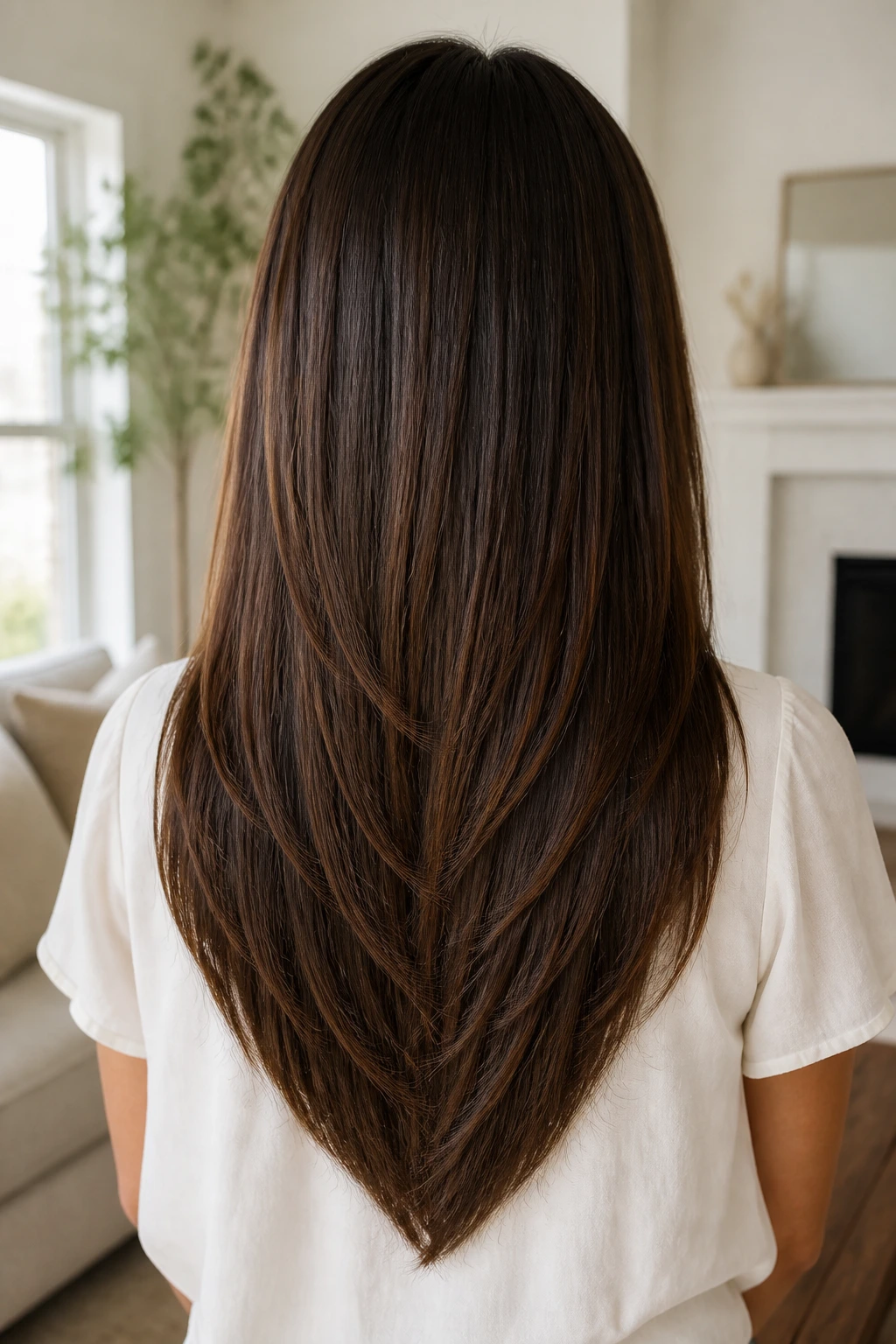 Back view of a woman with a V-cut length and tapered ends
