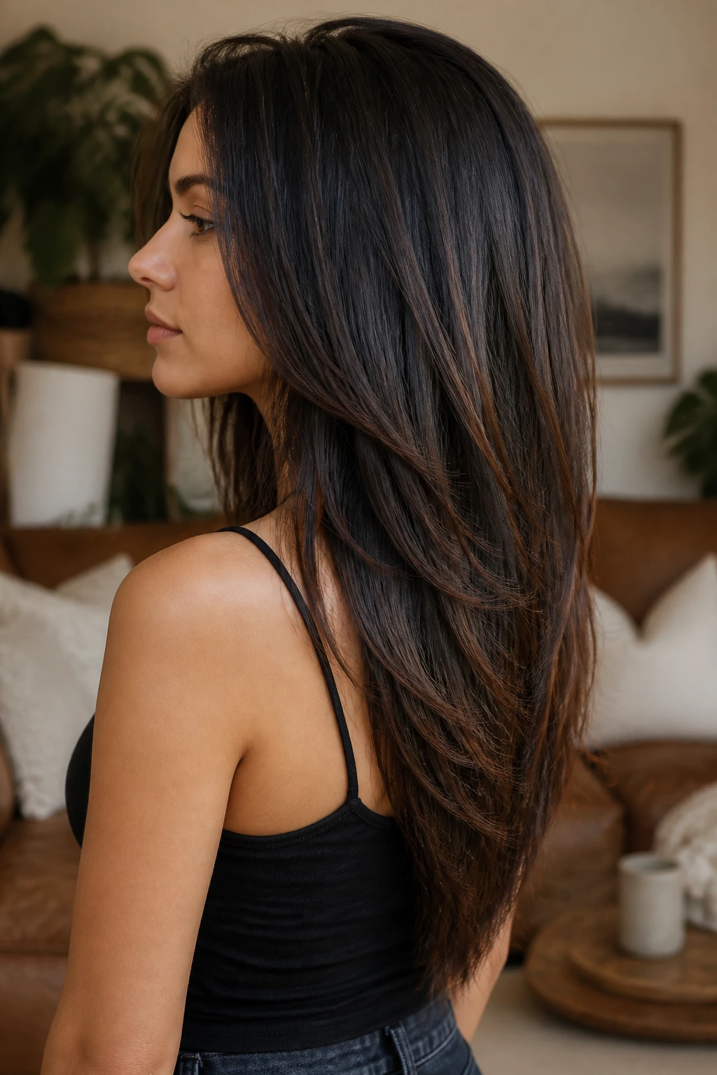 Close-up of a real person with a V-cut hairstyle showing tapered back and length at the front.