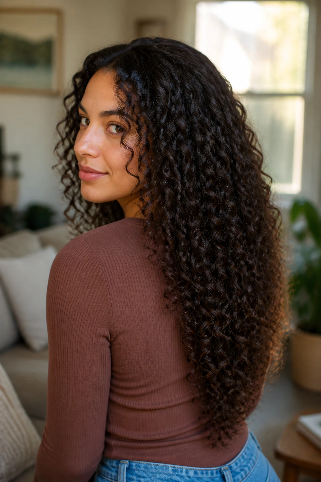 Close-up of a real woman with long 3A curls showing a V-cut back shape.
