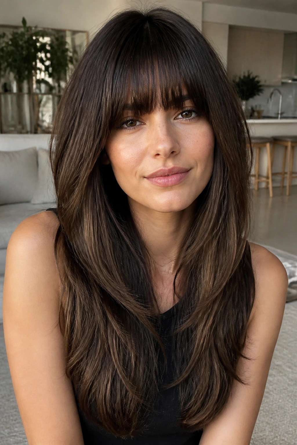 Close-up portrait of a real person with V-cut long layers and full bangs