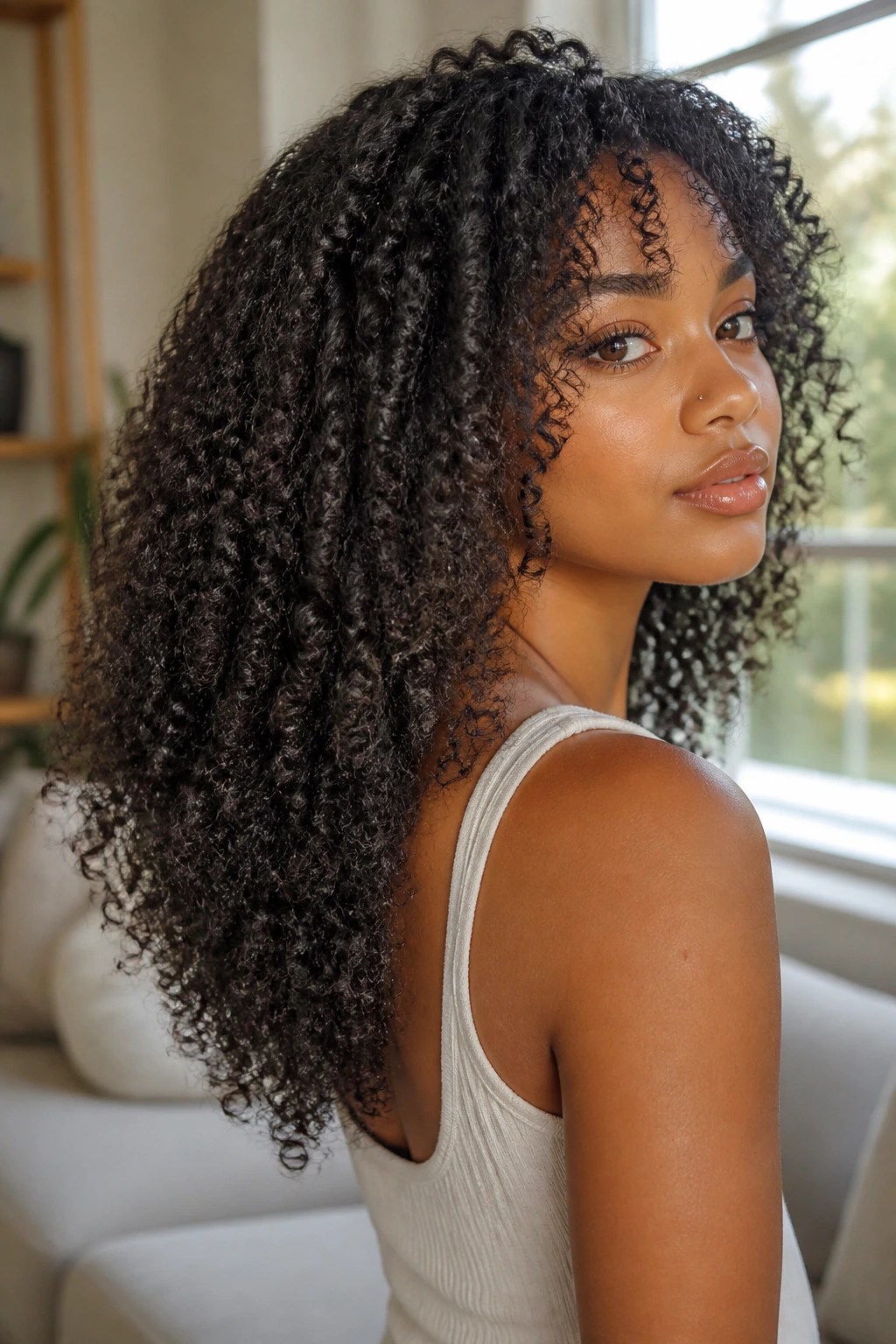 Close-up portrait of a real Black woman with a soft V-cut back and long curls