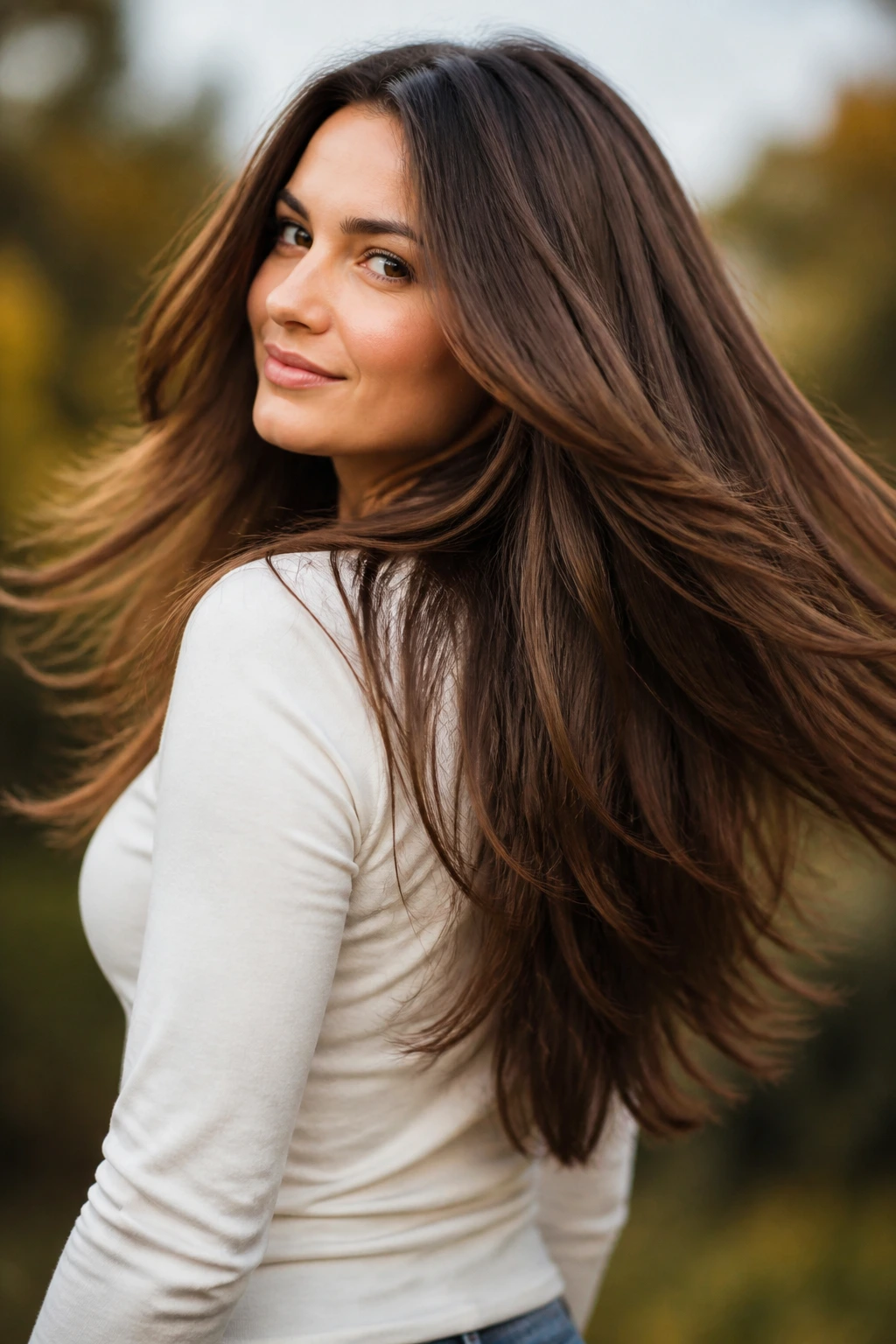 Portrait of a real woman with long V-cut hair moving dynamically