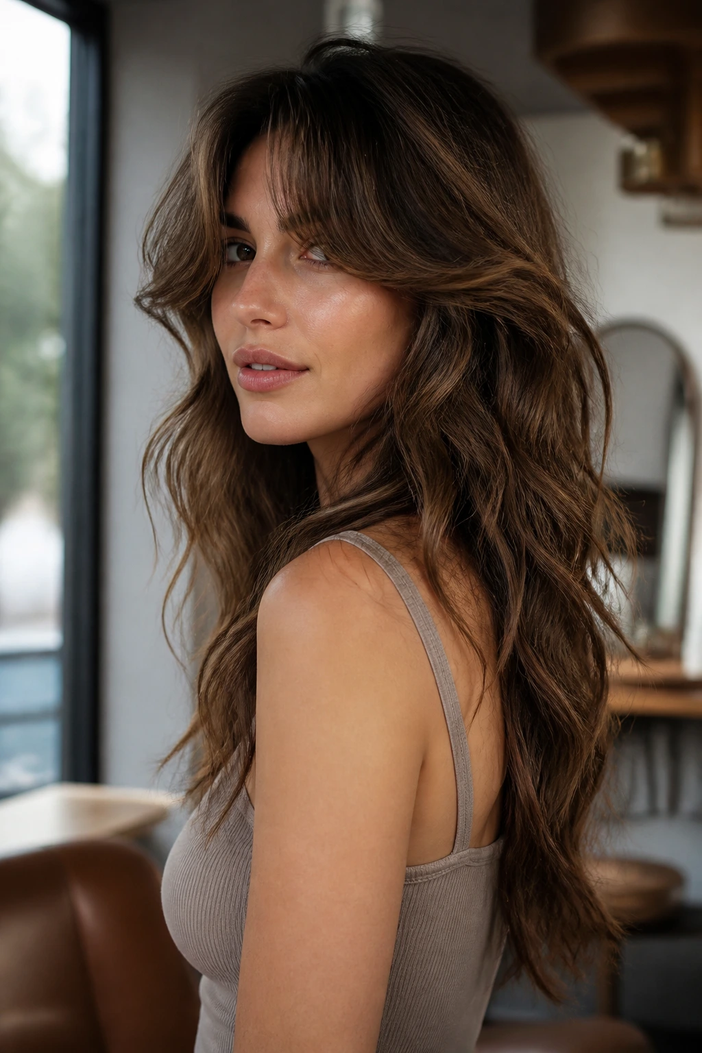 Three-quarter portrait of a woman with V-cut long shag and curtain flip