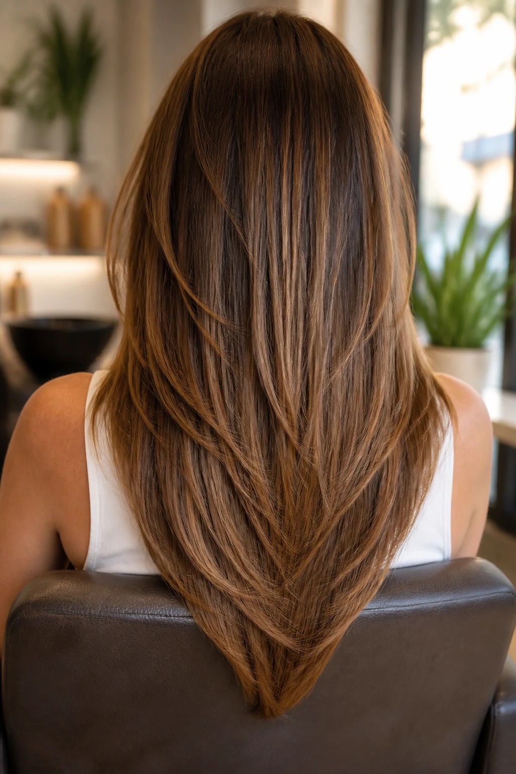 Close-up portrait of a real woman with a crisp V-cut hem on long hair in a salon setting