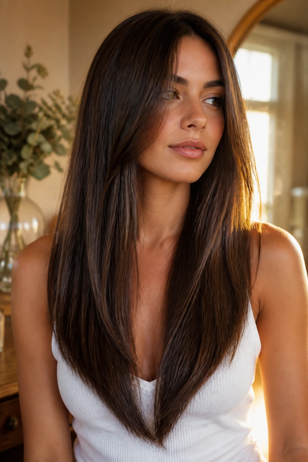 Close-up portrait of a woman showing the V-cut shape with a sharp central point
