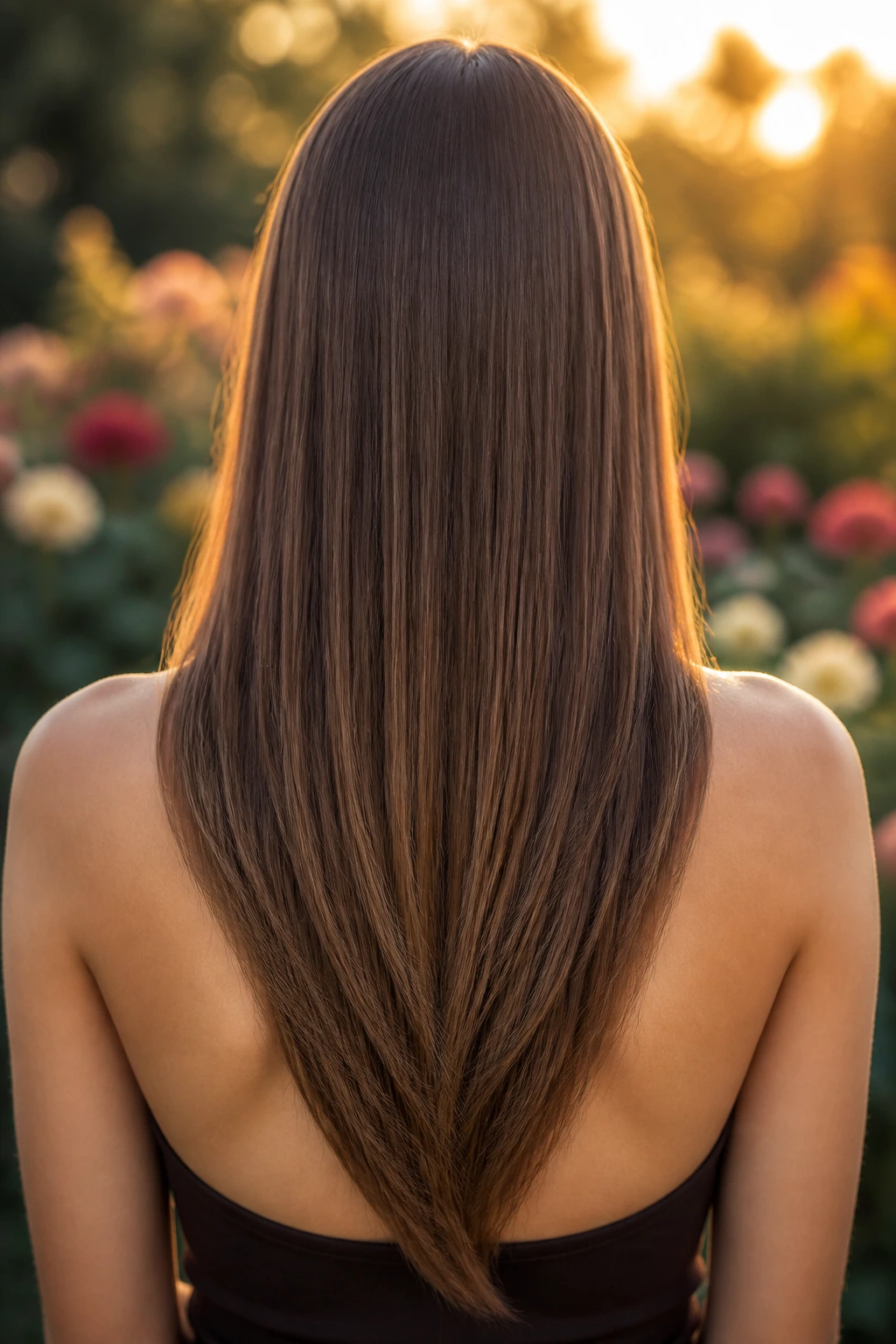 Back view of a woman with long straight hair showing a soft V-cut at the ends.
