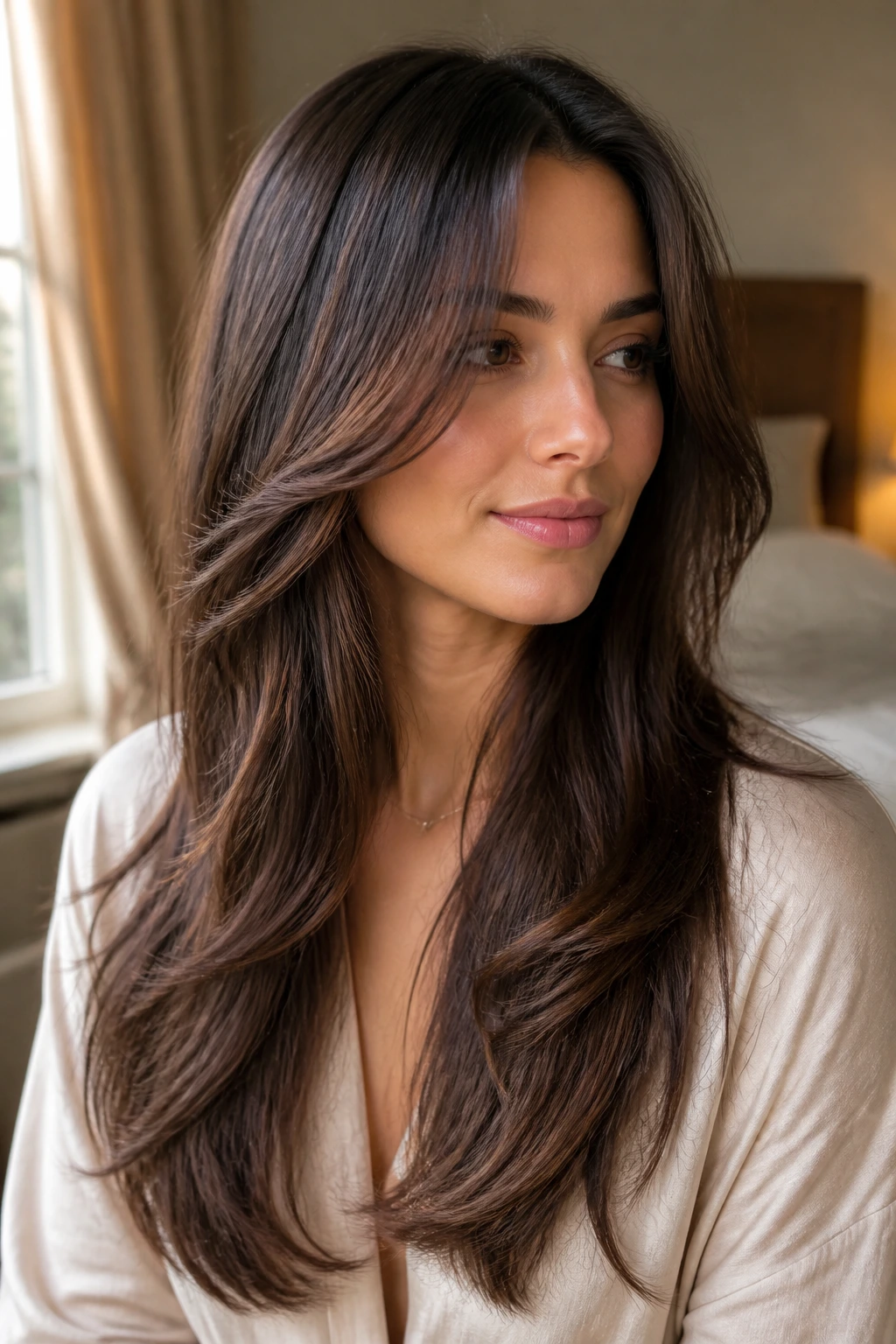 Close-up of a woman with a soft V-cut hairstyle and light texture around the ends