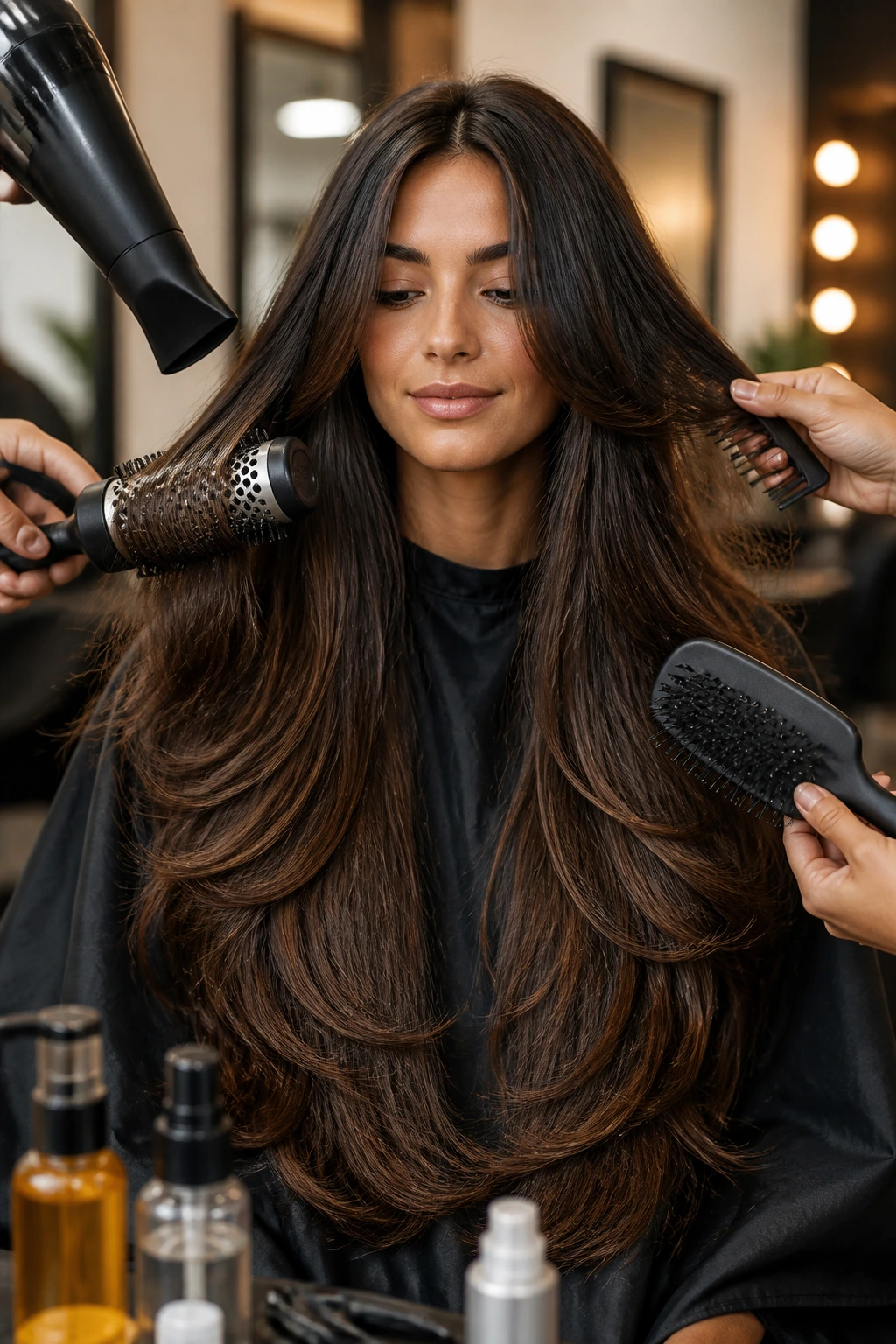 Portrait of a real person with long V-cut hair being styled with a blow dryer and round brush in a salon