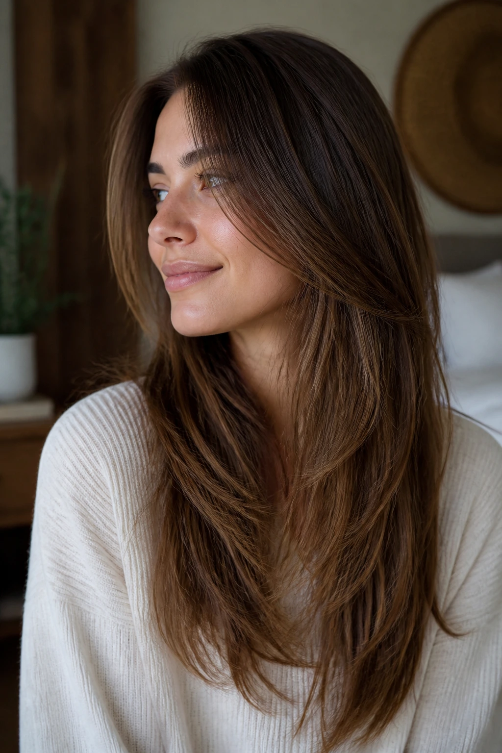 Portrait of woman with Soft Landing V variation showing gentle point and long layers