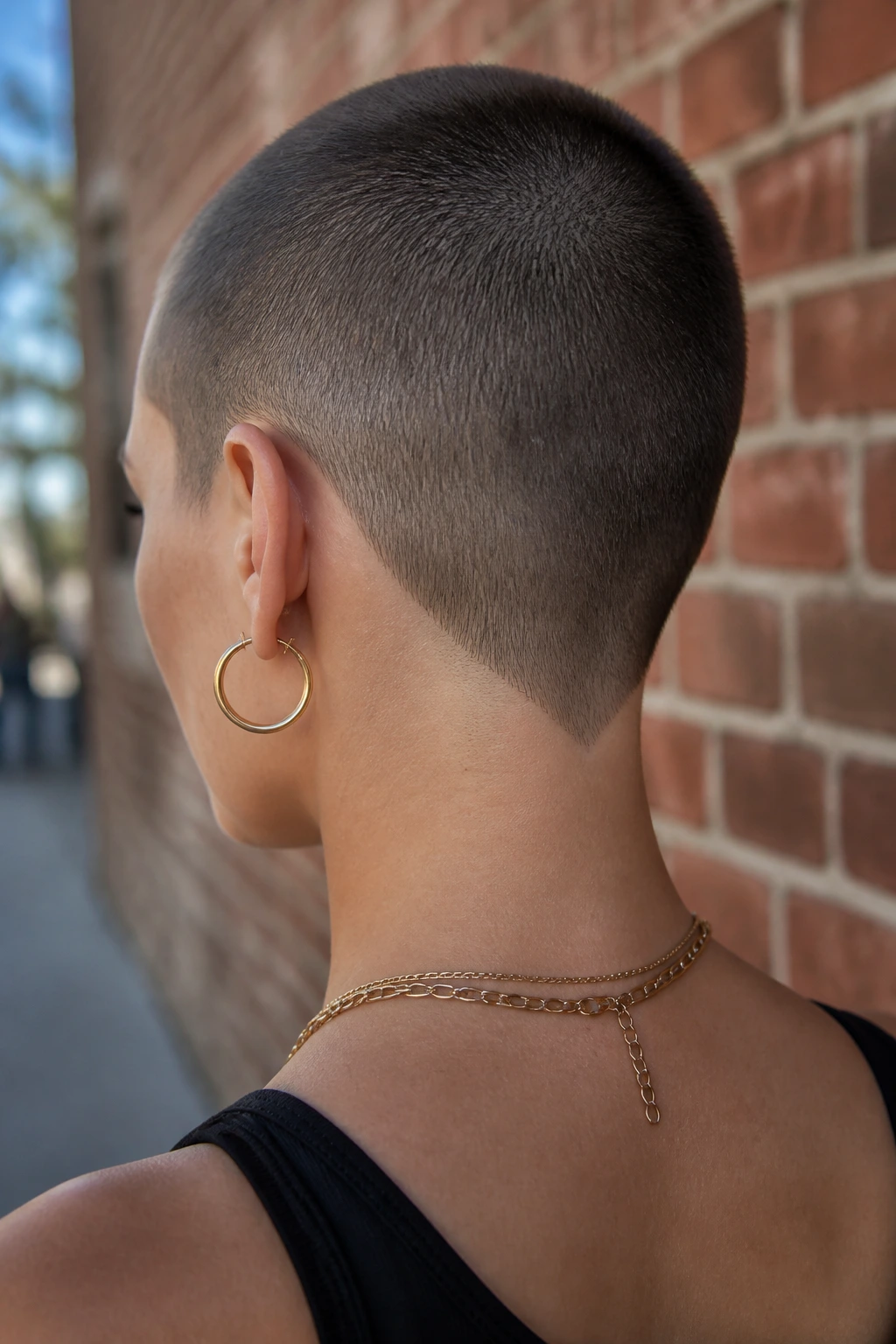 Back-of-head view showing V-nape buzz on a real woman