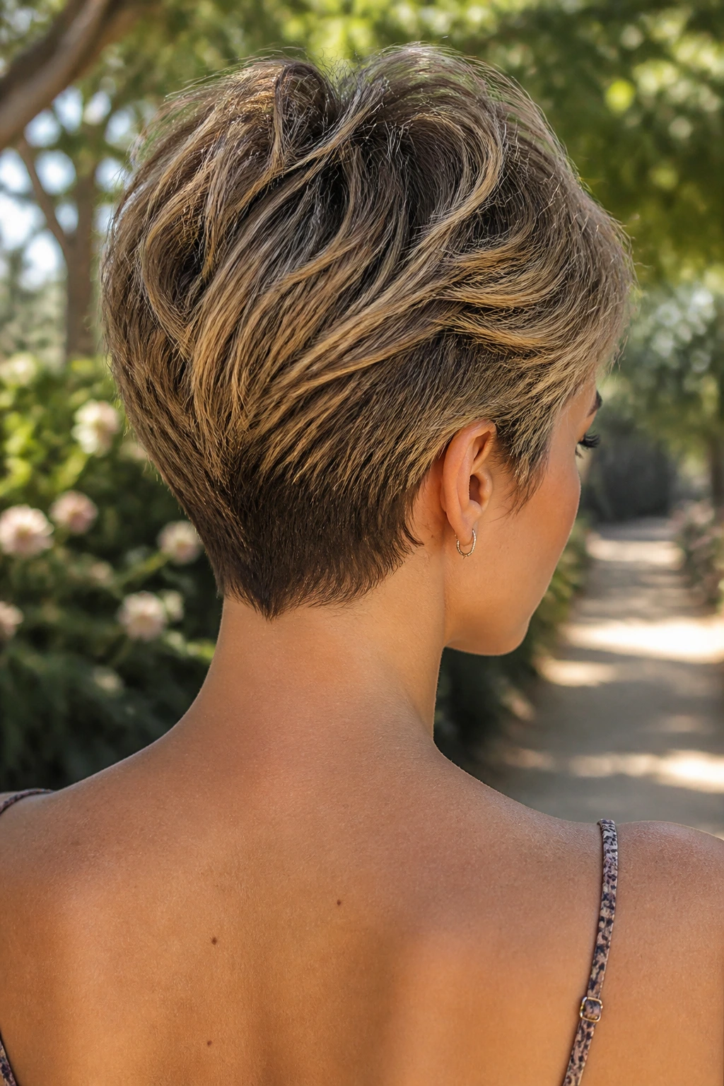 Back view of a real woman's neck with a subtle V-nape pixie