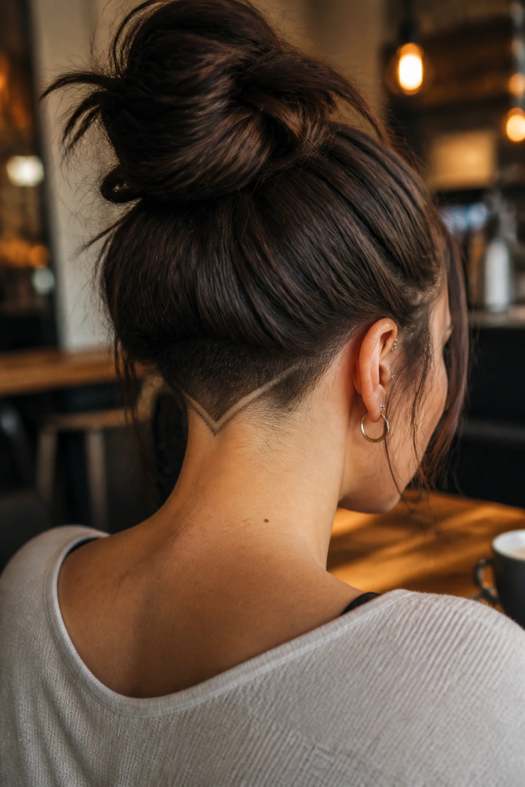 Rear three-quarter portrait showing a V-notch nape undercut on real person