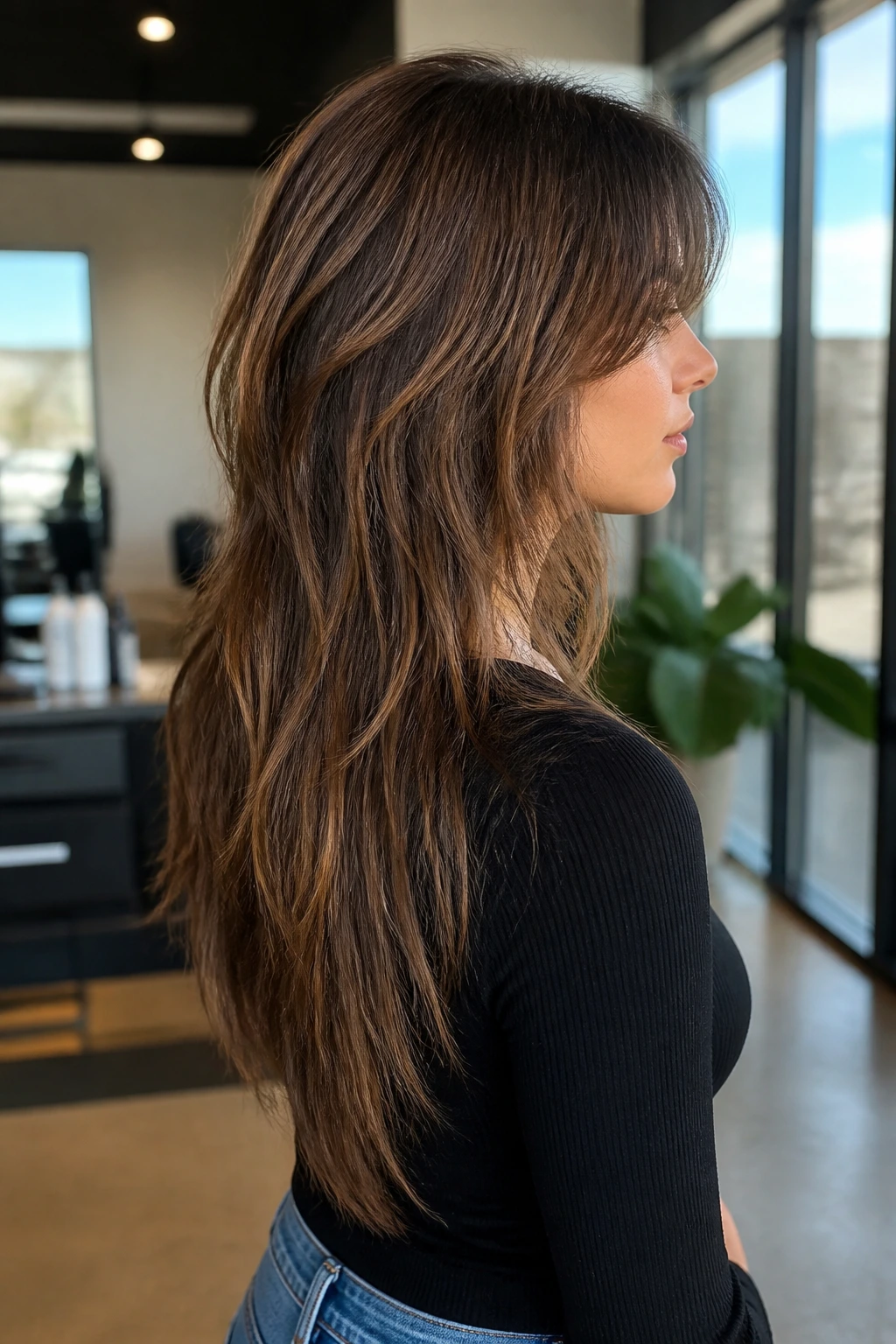 Portrait of real person with length-holding V-shag showing back silhouette and soft interior layers.