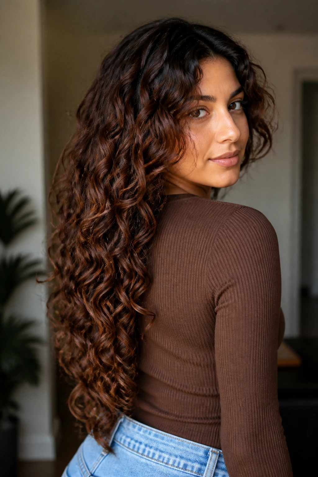 Portrait showing long V-shaped curls with ribbon-like sections