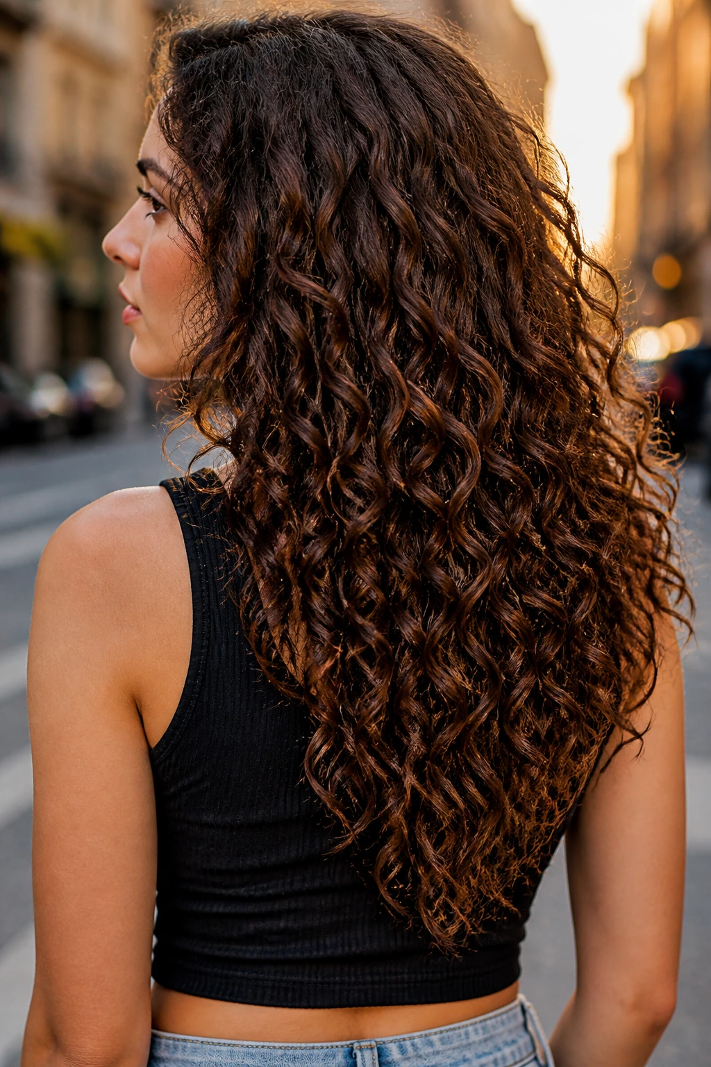 Real person with V-shaped long curly haircut outdoors during golden hour