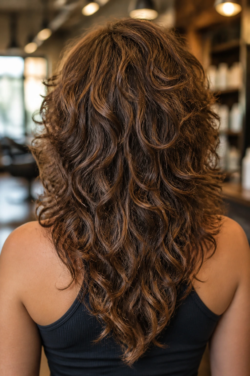 Back view of a real person with V-Shape Layer Shag showing the layered silhouette