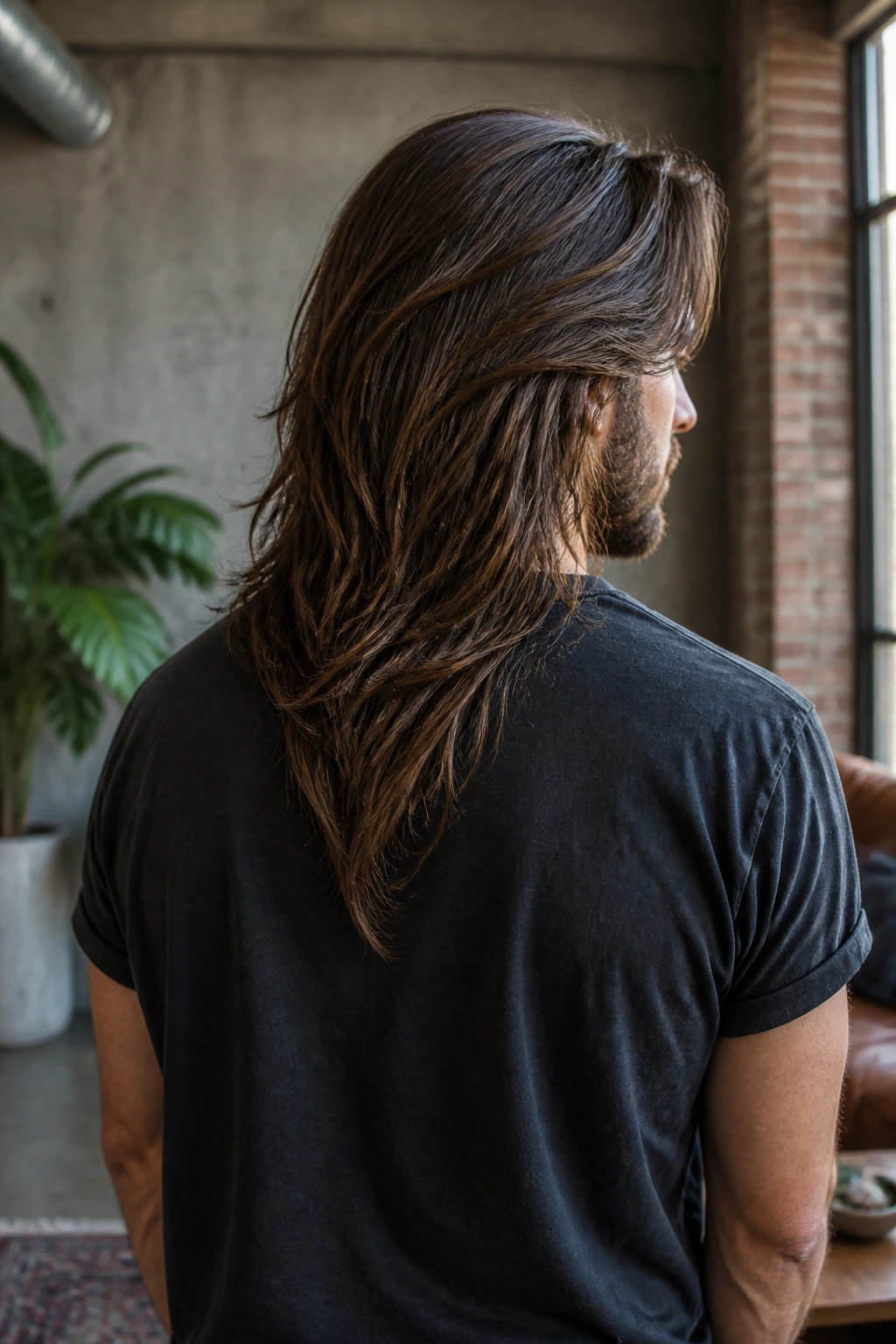 Back view of man with V-shaped layers down the back