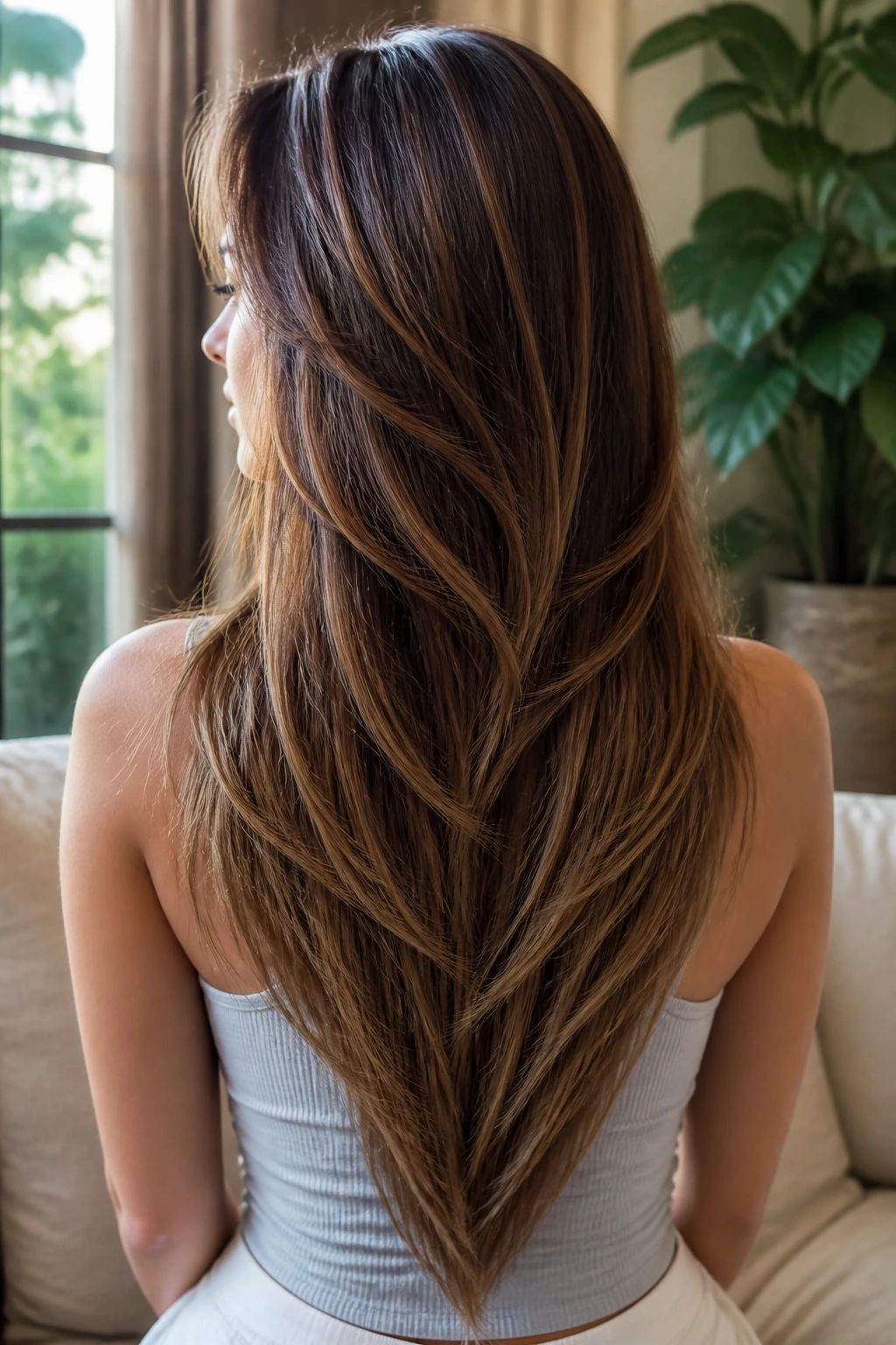Back view of a real woman with long hair in a V-shaped back layer silhouette