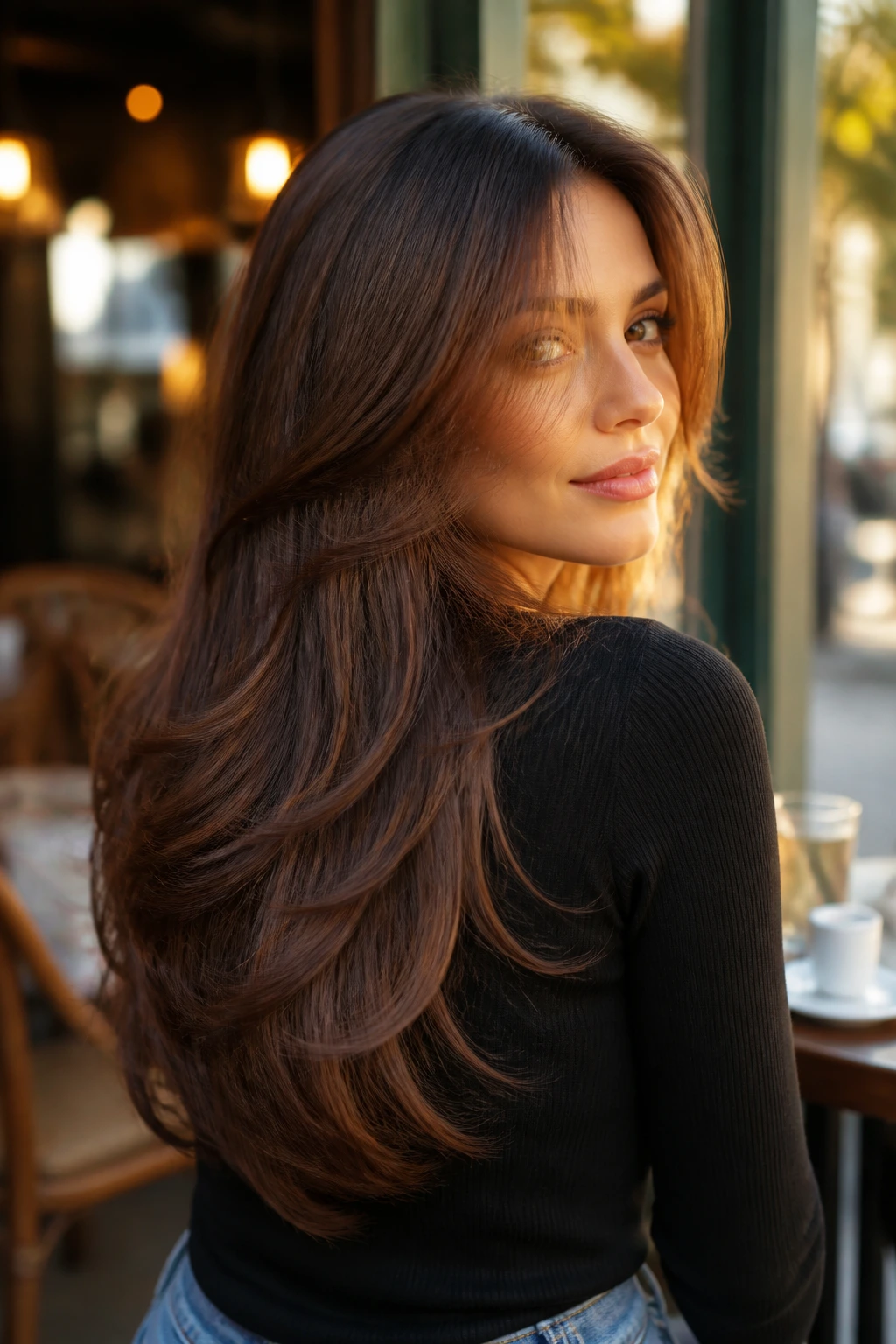 Close-up of a real woman with dramatic V-shaped butterfly cut and cascading ends