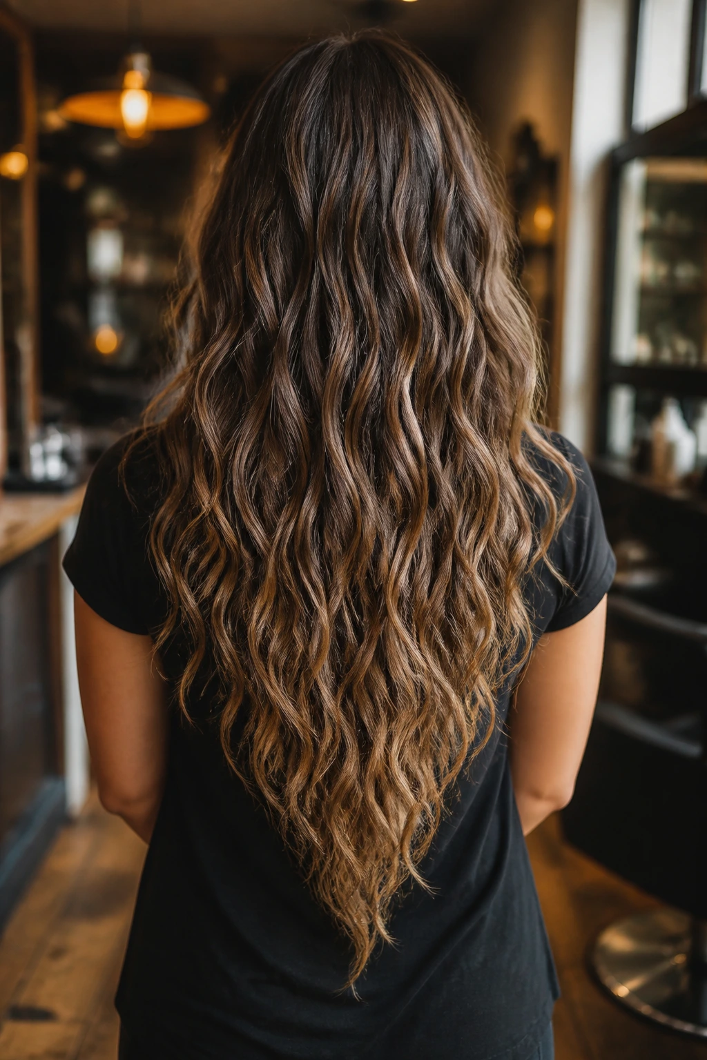 Back view of long wavy hair forming a V-shaped hemline
