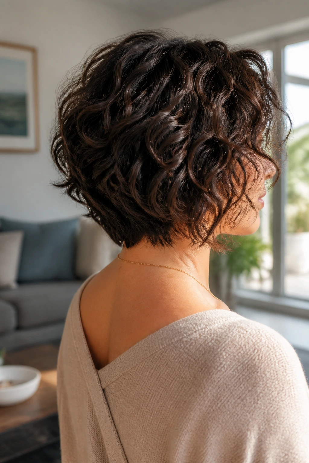 Rear-angled view of a real woman showcasing a V-shaped layered bob with back taper.
