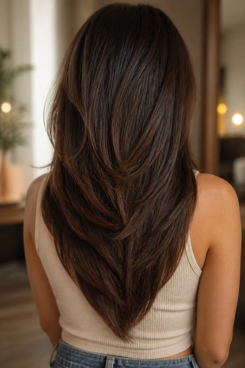 Back view of a real woman with V-shaped layers tapering to a point at the back