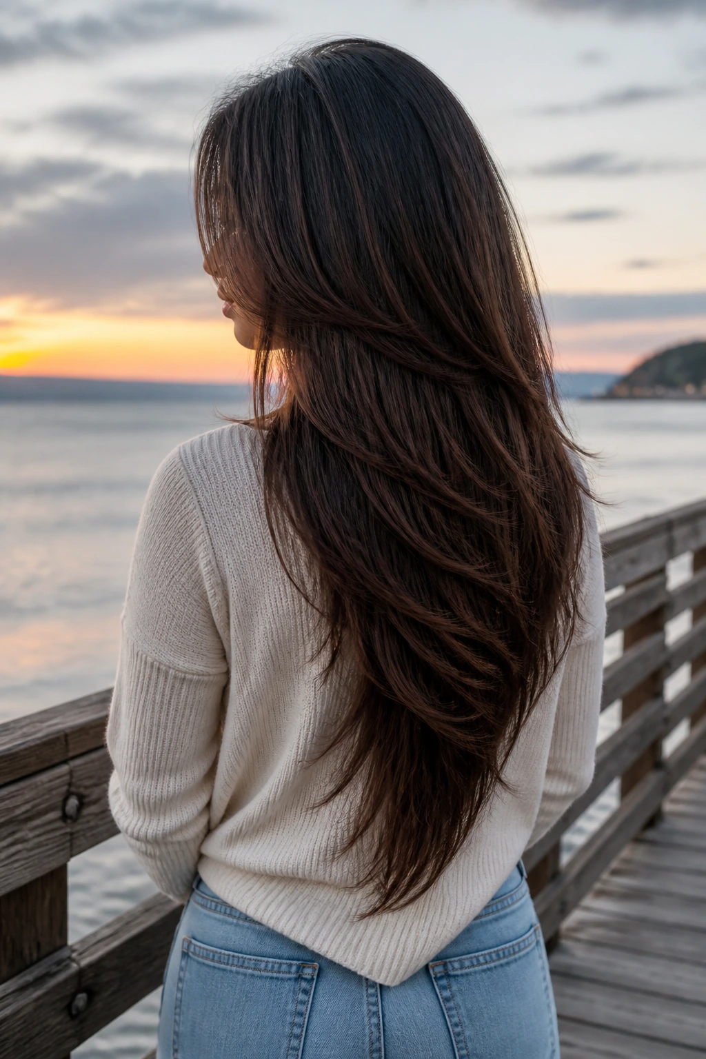 Rear three-quarter view of a real woman with V-shaped layered hair
