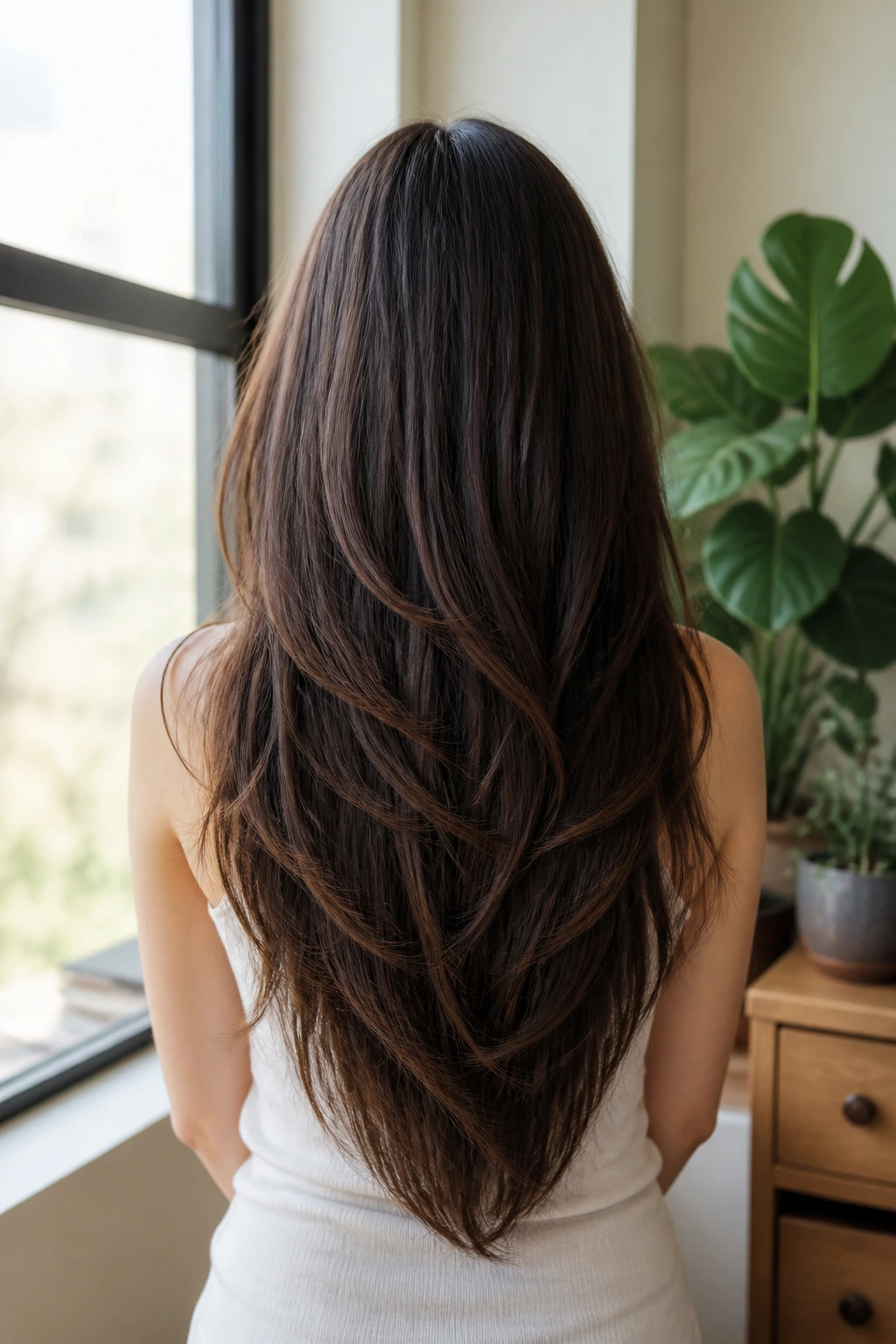 Back view showing V-shaped layering with swingy ends