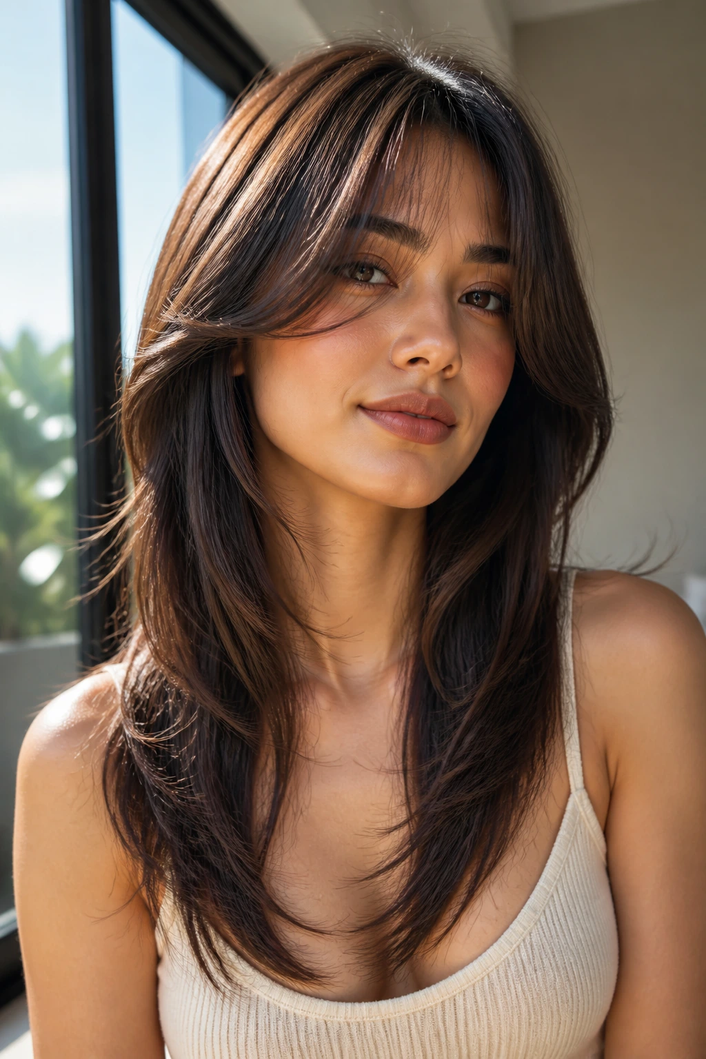 Woman with V-shaped length and floating bangs in a sunlit room.