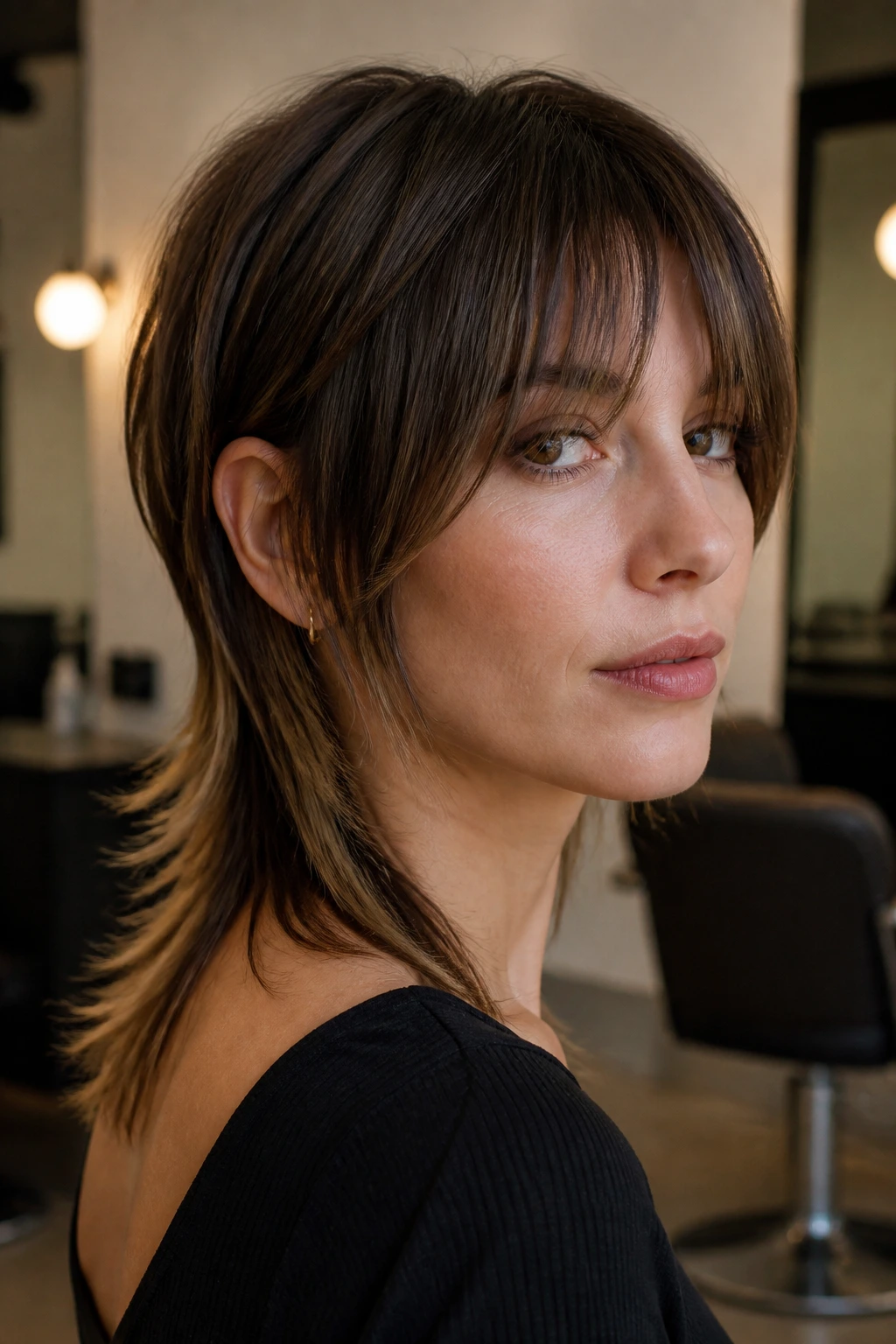 Close-up portrait of a real woman with a V-shaped mullet and bottleneck bangs in a sunlit salon
