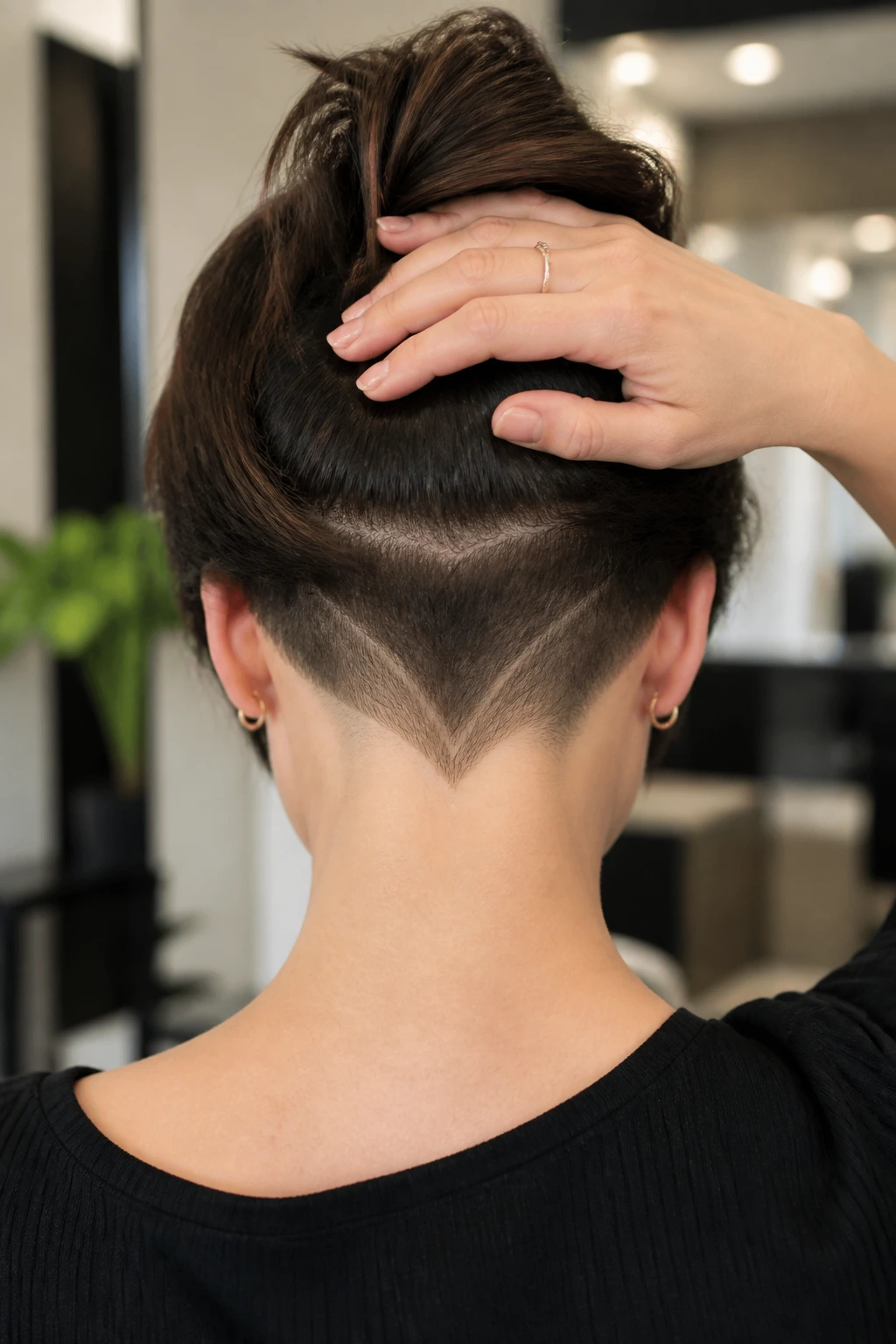 Back view close-up of a V-shaped nape undercut with a sharp neckline