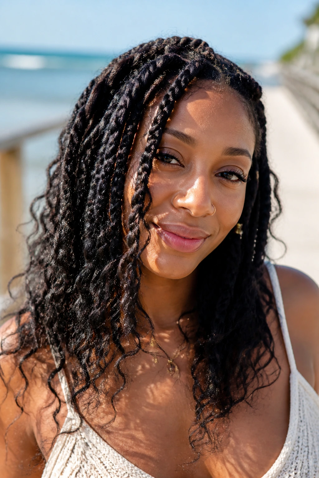 Close-up of a real woman with loose, airy vacation-soft passion twists outdoors