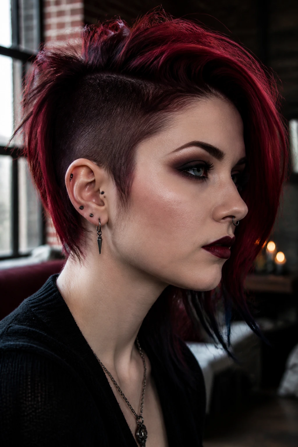 Close-up portrait of a person with an undercut and vampire red hair