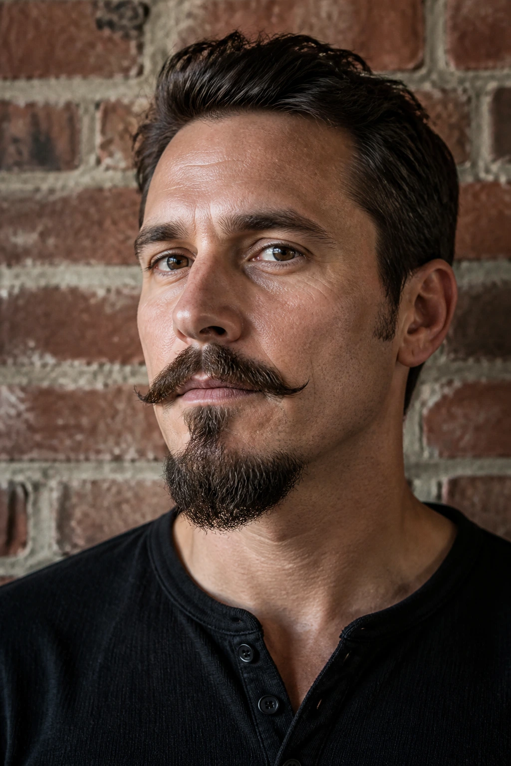 Portrait of a man with a Van Dyke beard showing separated mustache and goatee against a soft indoor background