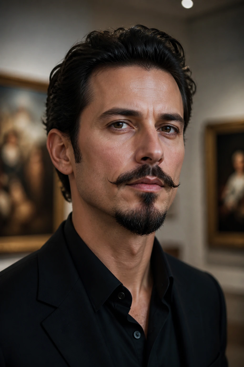 Close-up portrait of a man with Van Dyke beard at an art gallery