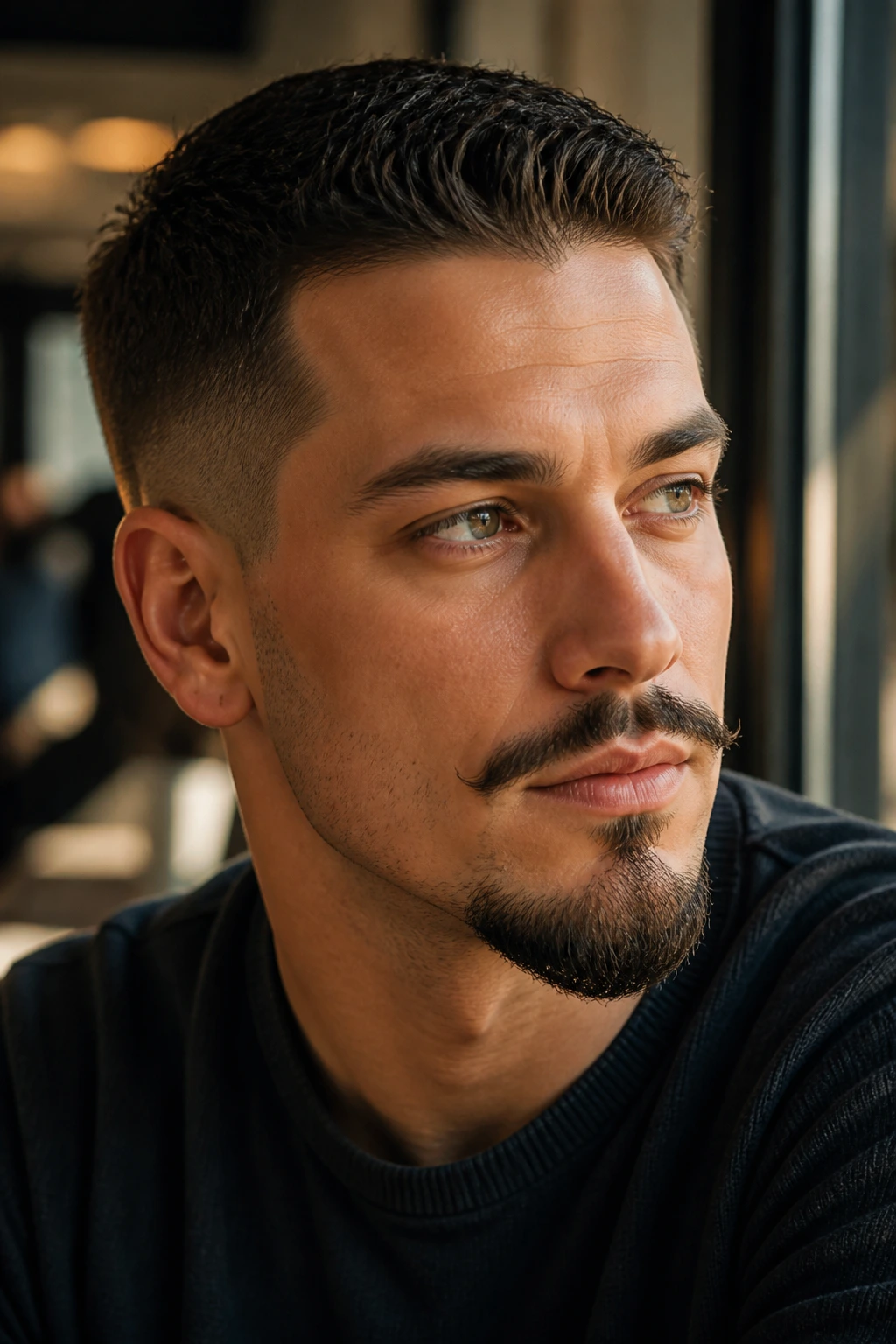 Portrait of a man with Van Dyke beard in warm cafe light