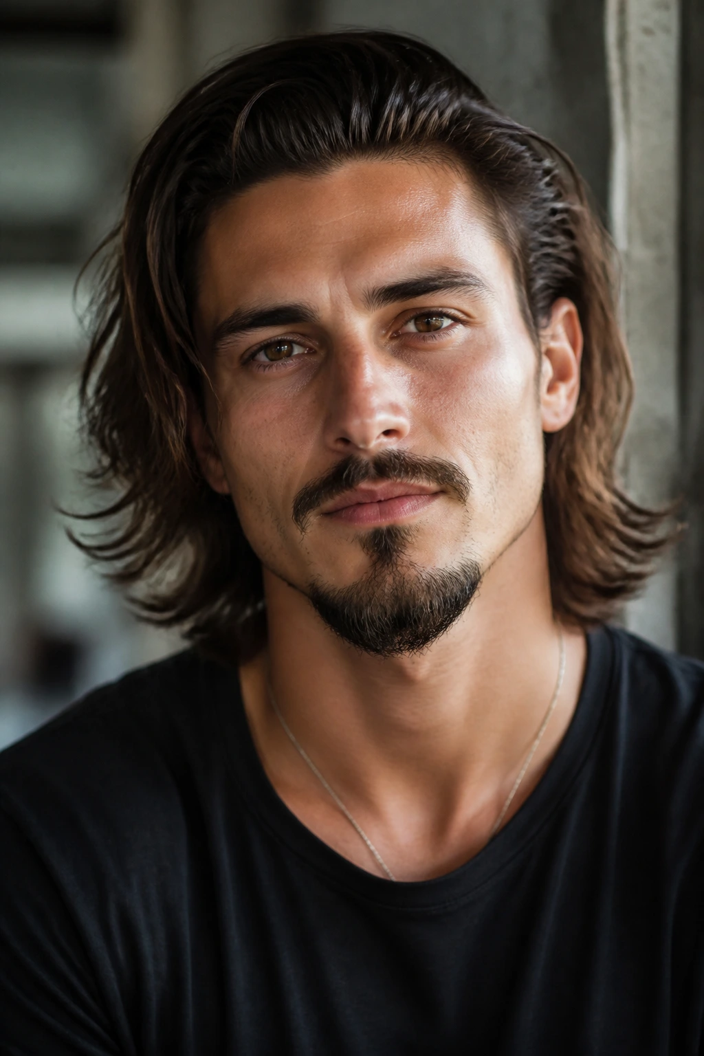 Close-up of a man with Van Dyke beard and shoulder-length hair in a muted interior