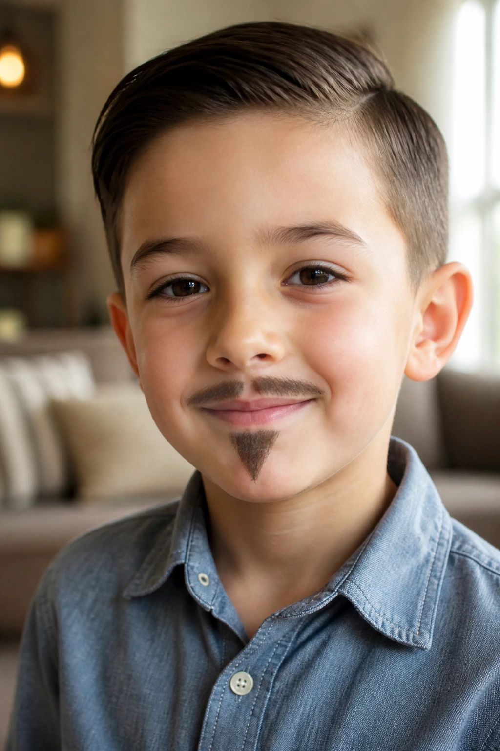 Close-up of a real boy with a clean Van Dyke mustache and chin point