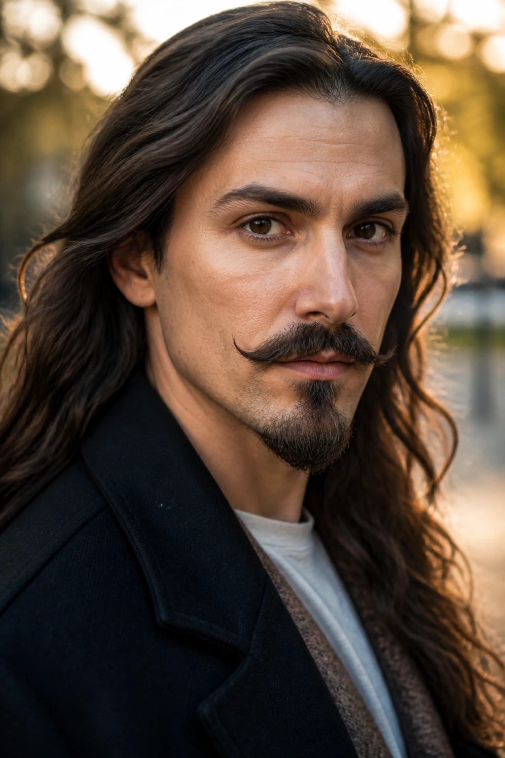 Close-up of a man with a Van Dyke mustache and pointed chin beard under golden hour light.