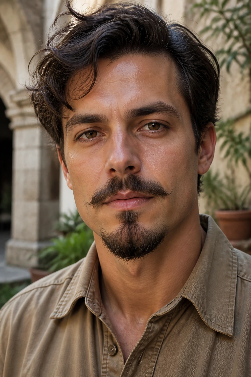 Close-up portrait of a man with Van Dyke mustache and goatee