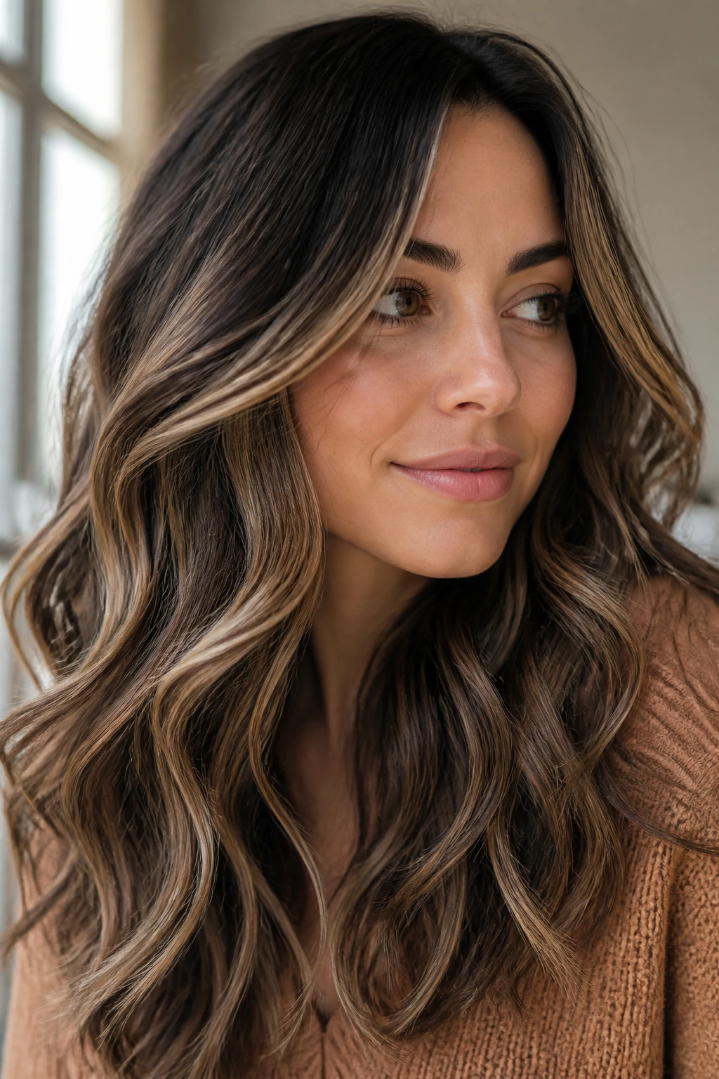 Close-up of brunette with vanilla almond highlights blending into base