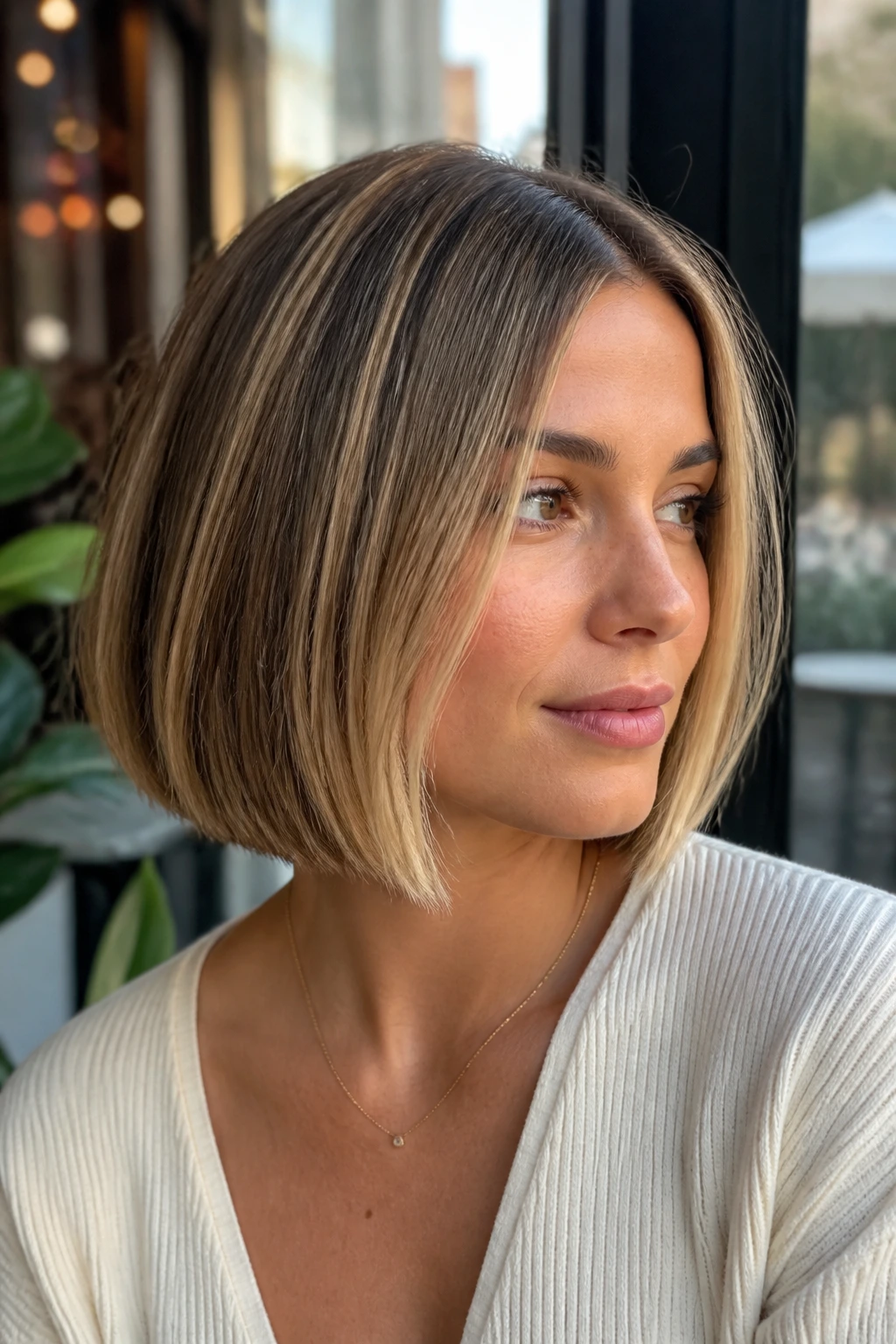 Close-up of a real woman with vanilla babylights on a blunt bob under cafe-window light