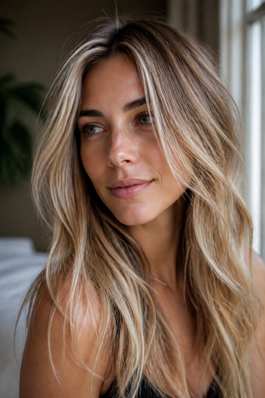 Dirty blonde hair with vanilla babylights close-up.
