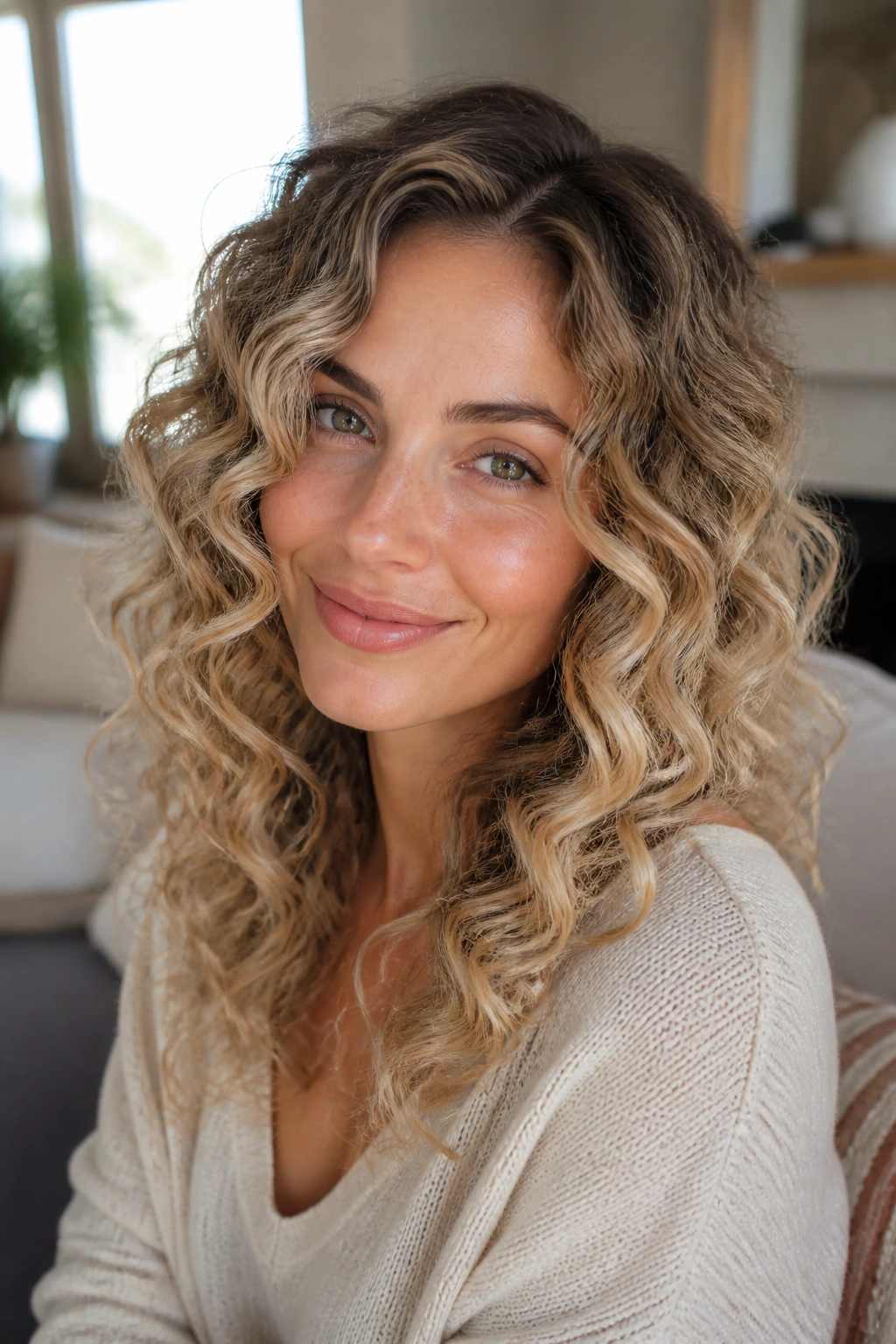 Real woman with vanilla balayage on loose ringlets in sunlit living room