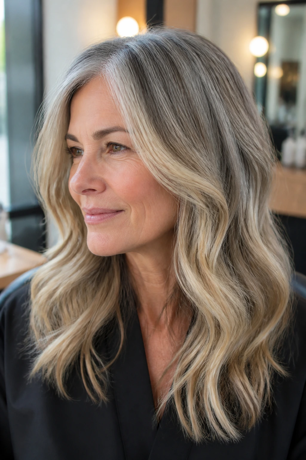 Close-up woman with vanilla balayage blending over natural gray and soft root shadow