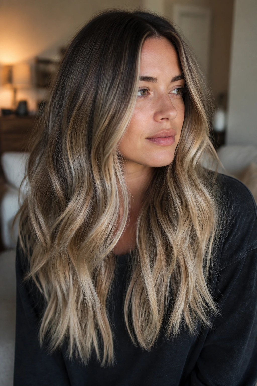 Long hair with shadowed vanilla balayage and smoky mid-length ribbons on a real woman
