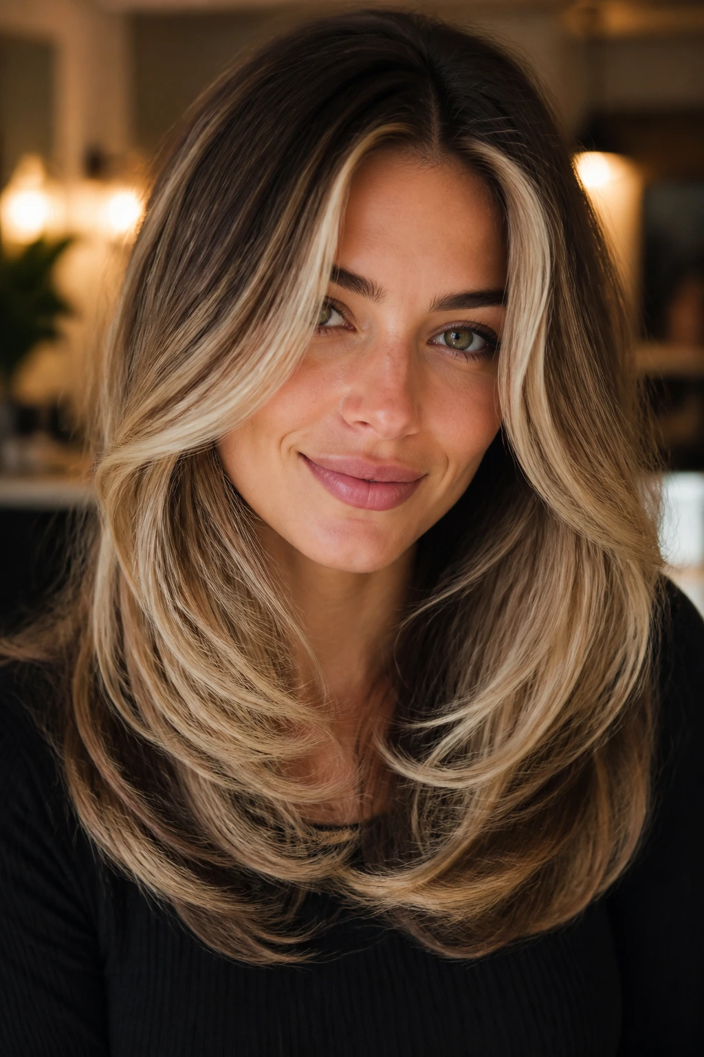 Portrait of a real person with face-framing U-shape and vanilla balayage