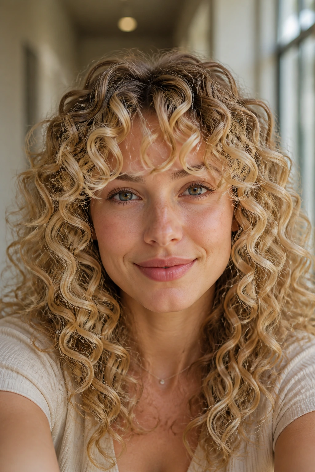 Close-up of a real woman with vanilla bean curly fringe hairstyle